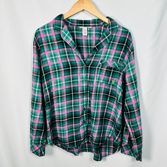 Victoria’s Secret Plaid Flannel Pajama Set Cotton Modal Loungecore M Pink Green - Picture 10 of 11